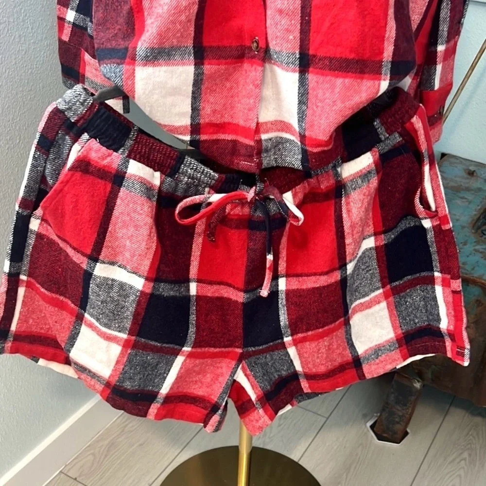 NWT Ekouaer,Buffalo Plaid Flannel Pajama Set,Drawstring Shorts,Button-Up Top,XXL